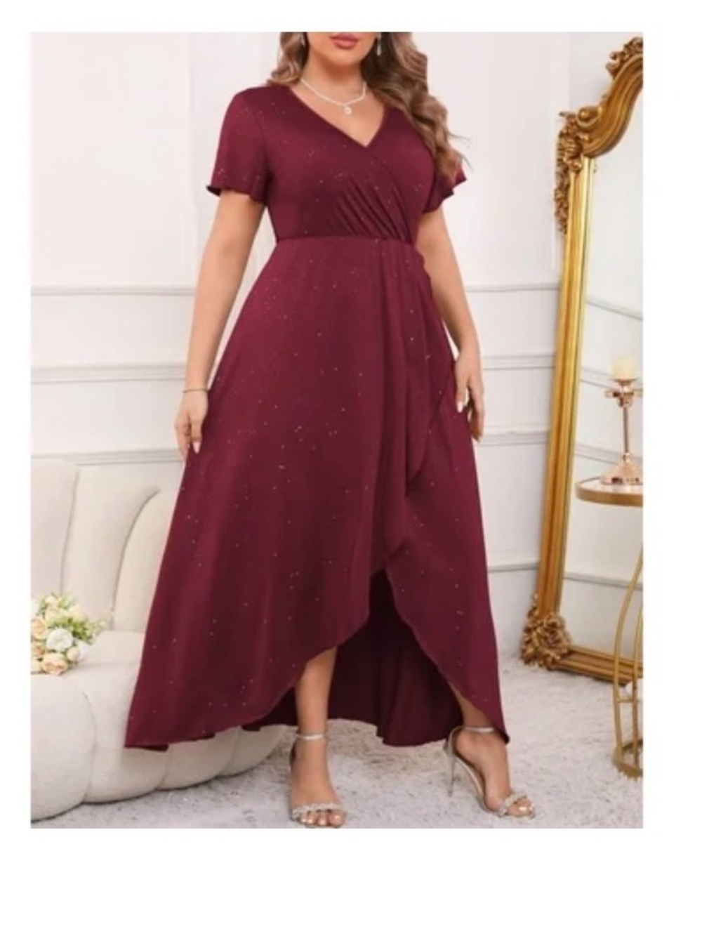 Plus Size Wine V-Neck Wrap High-Low Maxi Dress